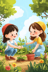 Happy Kids Gardening Together – Cute Educational Illustration for Children’s Eco Activities