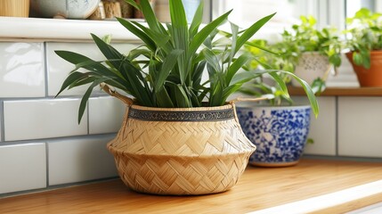 Fototapeta premium A woven bamboo basket with a decorative rim, placed on a wooden counter