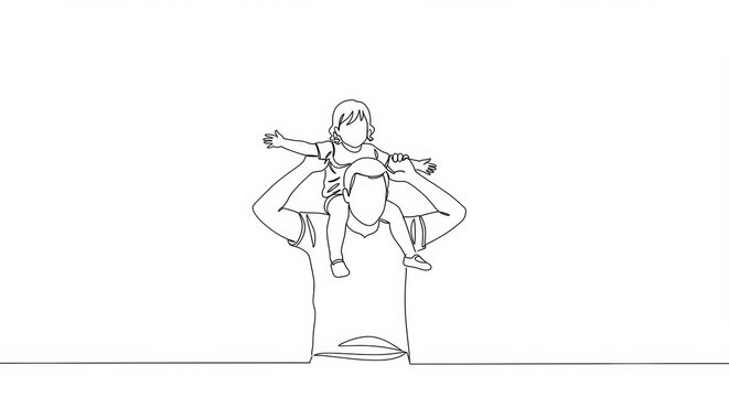 Naklejki Continuous line art depicts a father and child bonding on a clean white background