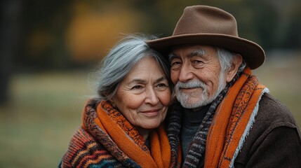 Fototapeta premium Senior Couple Autumn Portrait Warm Affectionate Elderly Man Woman Together Loving Embrace Happy Retirement Fall Season Romantic Outdoor Nature Background Peaceful Togetherness Old Age hat love cozy 