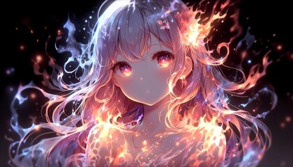 Cute anime girl wielding fire, anime background