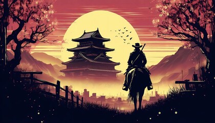 Traveler on horseback with sunset background, anime wallpaper
