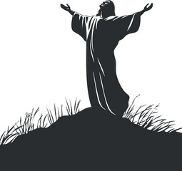 Fototapeta premium Silhouette of a figure with raised arms standing on a grassy hill, symbolizing spirituality.
