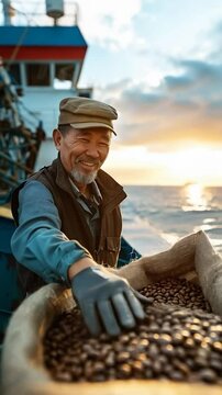 old oriental worker on a coffee bean export ship for the global coffee market