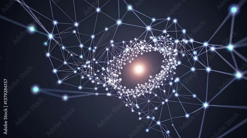 Poster abstract network growing and rotating with light in the center, evolving and forming complex structu