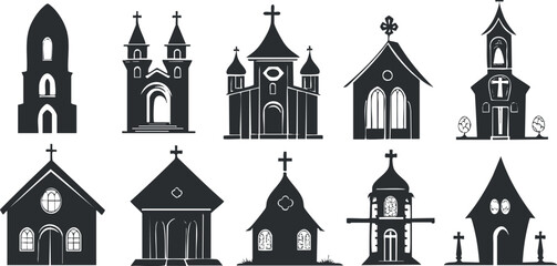 Set of church silhouettes in black and white, featuring various architectural styles and designs.