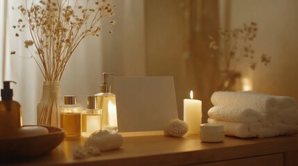 Spa still life with skincare products, candle and towels on a wooden surface