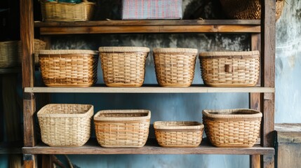 Bamboo woven picnic baskets displayed on a rustic wooden shelf