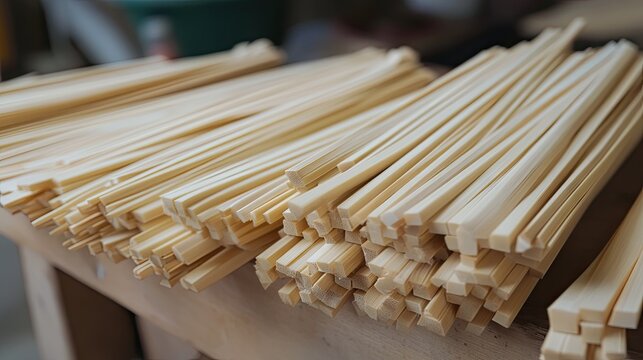 Evenly cut bamboo strips laid out in parallel, ready for further processing