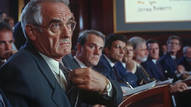 Senior politician listening with a serious expression during a congress meeting, sitting in a row with his colleagues, paying attention to the speaker