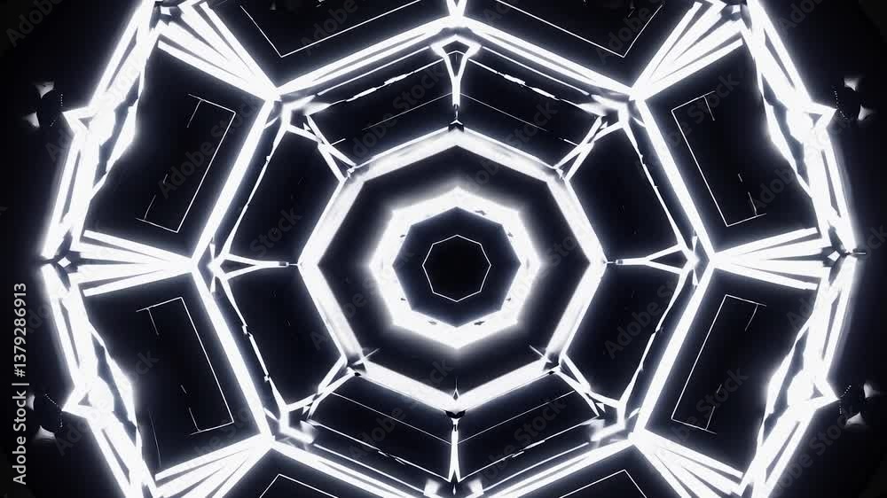 Poster pulsating geometric neon light patterns creating mesmerizing tunnel effect with seamless looping ani