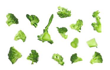 Set fresh uncooked broccoli isolated on white background, top view	