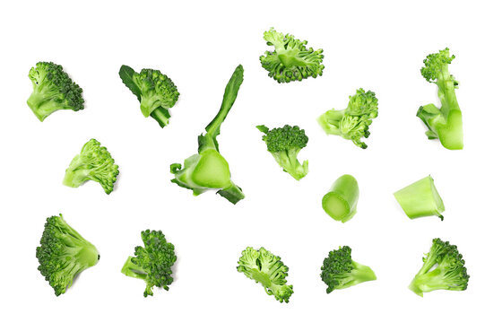 Set fresh uncooked broccoli isolated on white background, top view	