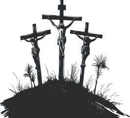 Silhouette illustration of the crucifixion scene with three crosses on a hill, symbolic of Christianity.