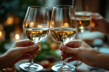 Obraz premium Rustic Table Setting with Toasting Hands and Glasses of White Wine