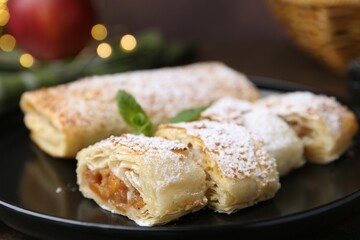 Tasty apple strudels with powdered sugar and mint on table, closeup