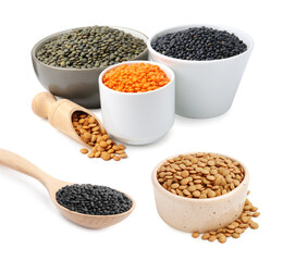 Different types of lentils isolated on white, set