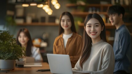 Smiling Asian woman uses laptop in modern office with colleagues background - teamwork, collaboration