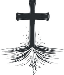 Abstract black and white illustration of a cross with a splash design element.