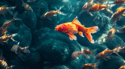 Naklejka premium Dense school of goldfish swimming underwater