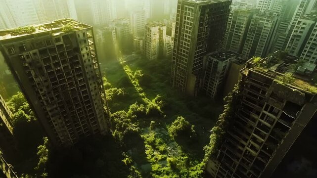 Experience a captivating and stunning post-apocalyptic landscape of an abandoned city now completely overrun by nature