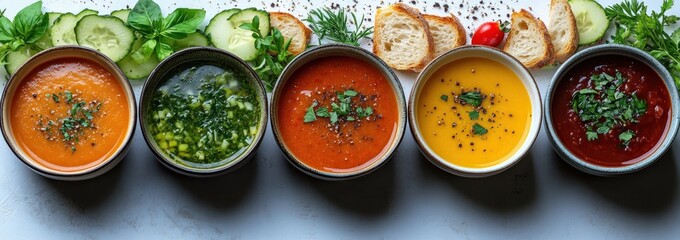 Top-Down View of Various Homemade Creamy Vegan Soups with Bread and Fresh Ingredients on White Table