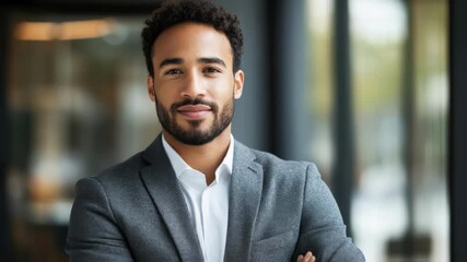 A diplomat in a charcoal gray blazer with an open expression and intentional posture presents a sense of openness while the gently blurred wall texture behind them hints at a modern