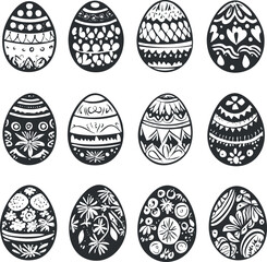 Fototapeta premium Set of twelve black and white decorative Easter eggs with intricate patterns and designs.
