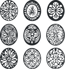 Collection of nine intricate black and white ornamental patterns with floral and geometric designs.