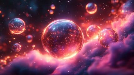 Ethereal Glowing Spheres in Cosmic Space Background with Vibrant Neon Colors and Soft Light Effects