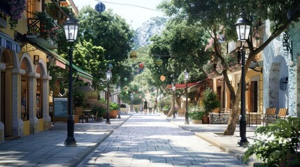 Naklejka premium Charming Street Scene with Cobblestone Path Lush Greenery and Festive Lanterns