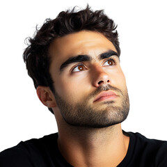Obraz premium A Man with a Serious Gaze Lips Pressed Together Wearing a Black Shirt Looking Up Isolated on Transparent Background