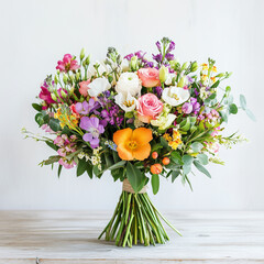 Fresh Spring Flower Bouquet on Wooden Table – Colorful Floral Arrangement