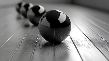 Glossy Black Spheres on Wood Surface