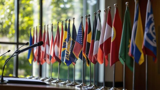 Various national flags stand on a conference table, microphones ready for speakers, suggesting an important international meeting or summit