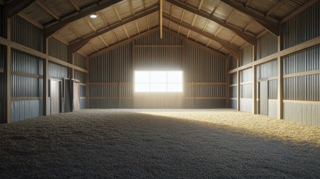Barn wooden beams metal wall sunlight window gravel floor interior