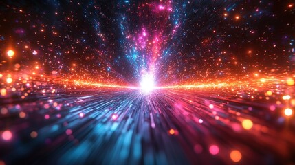 Fototapeta premium Colorful Abstract Fireworks Burst in Dark Space Background with Vibrant Light Rays and Dynamic Shape Effects