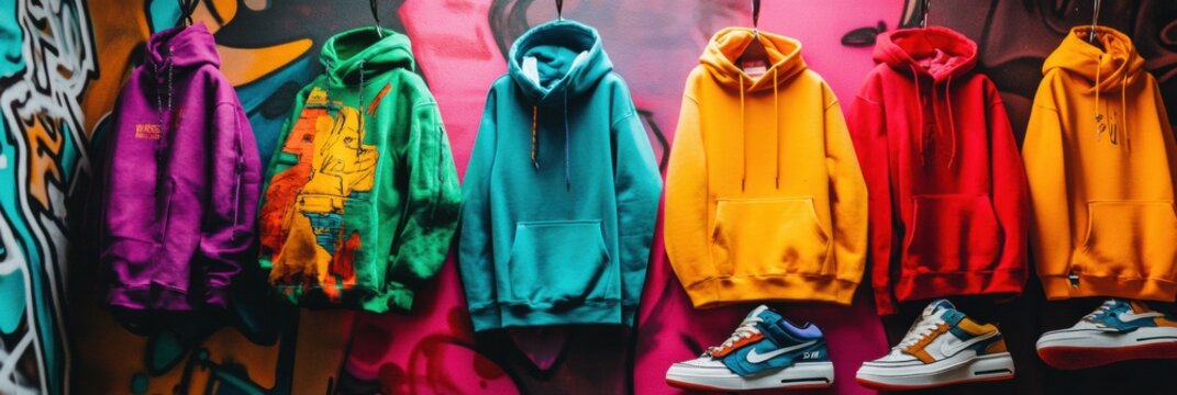 Urban streetwear collection features vibrant hoodies and sneakers displayed against colorful graffiti wall in an energetic city setting