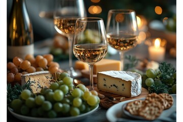 Fototapeta premium Wine Gathering Friends Celebrating with Artisan Cheese Grapes and Clinking Glasses at Rustic Table Setting