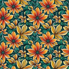 A pattern of orange and yellow flowers on a green background.