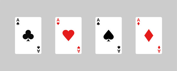Playing cards set. Aces playing cards. Hearts, clubs, diamonds, spades ace. Vector casino gambling concept.