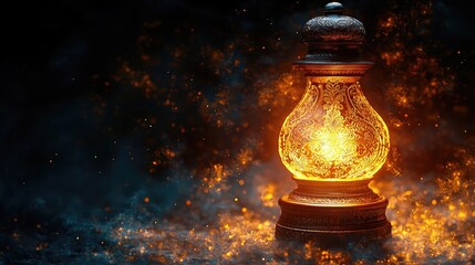 An intricately designed antique oil lamp glowing with warm golden light, surrounded by floating particles in a dark, mystical background. The atmosphere is magical and cinematic
