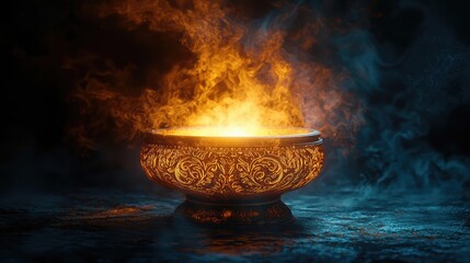 Intricately crafted antique incense burner glowing with golden light in a dark, smoky setting. Feels mystical, magical, and full of ancient atmosphere