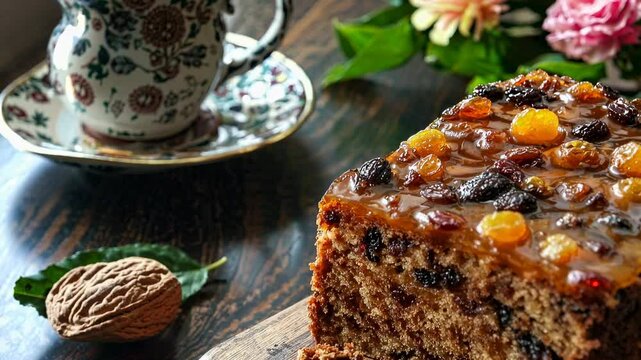 Close-up of a fruitcake slice with glossy glaze, shot at eye level. The video captures the rich texture and vibrant colors of the cake and raisins.