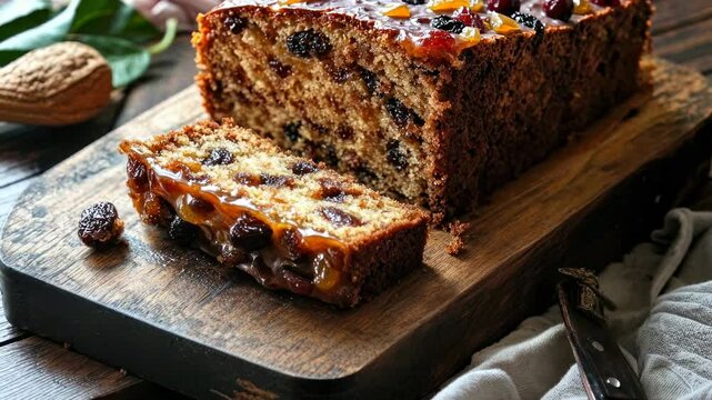 Close-up angle of a rich fruitcake with raisins on a wooden board, styled with warm lighting, ideal for a cozy cooking video scene.