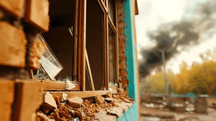Obraz premium A shattered window frame reveals a scene of destruction with smoke rising in the background