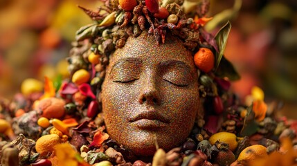 Autumn leaves and berries with face sculpture in forest