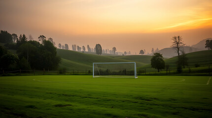 Serene rural soccer field at sunset with a goalpost in the golden light.