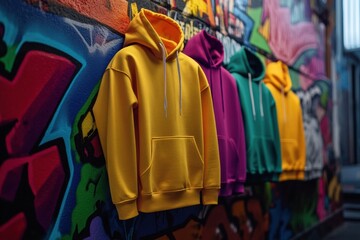 Vibrant streetwear collection with colorful hoodies and sneakers against a graffiti wall showcasing urban fashion energy