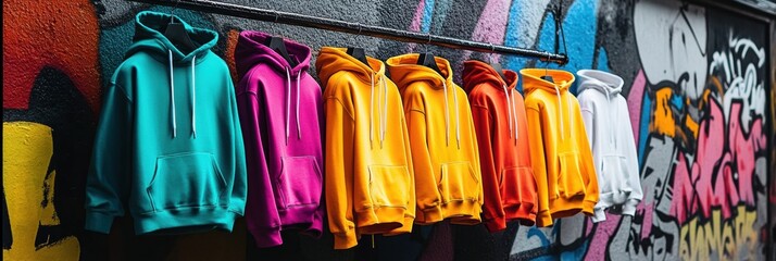 Vibrant streetwear collection showcases colorful hoodies and sneakers in urban setting with graffiti backdrop